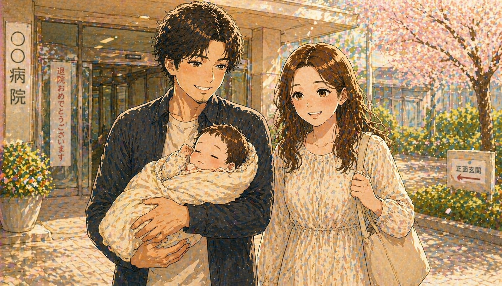 退院の日、家族3人で家に帰るシーン