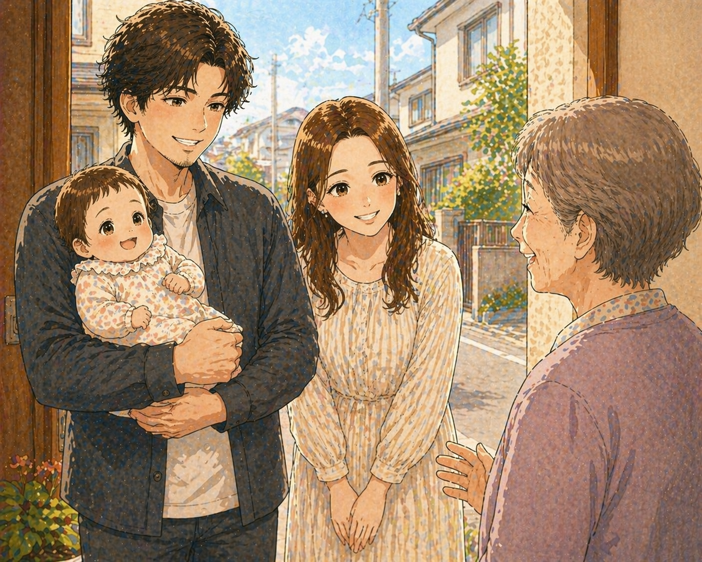 赤ちゃんを抱っこしてご近所挨拶するパパ