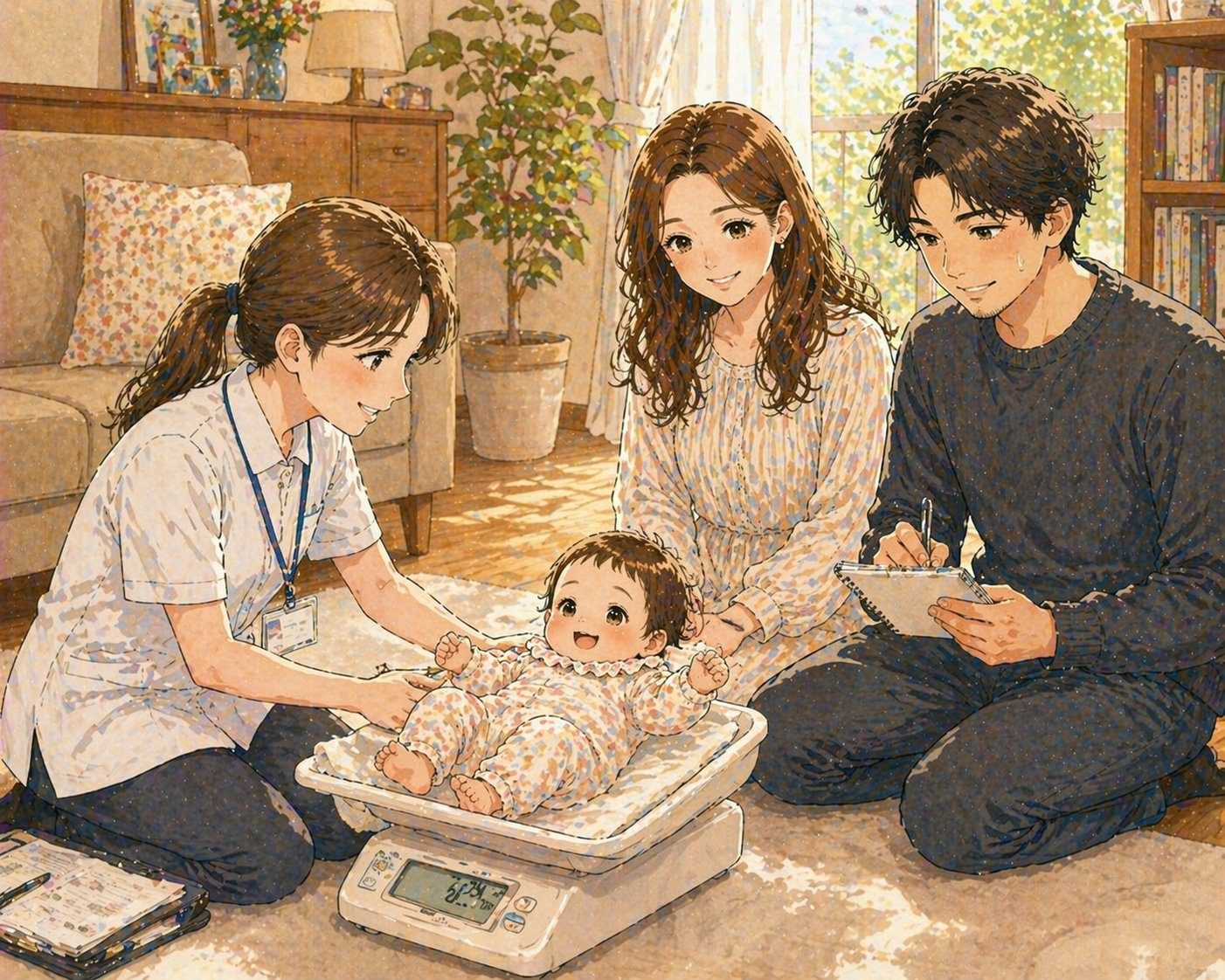保健師さんが家庭訪問してTASO子を確認するシーン