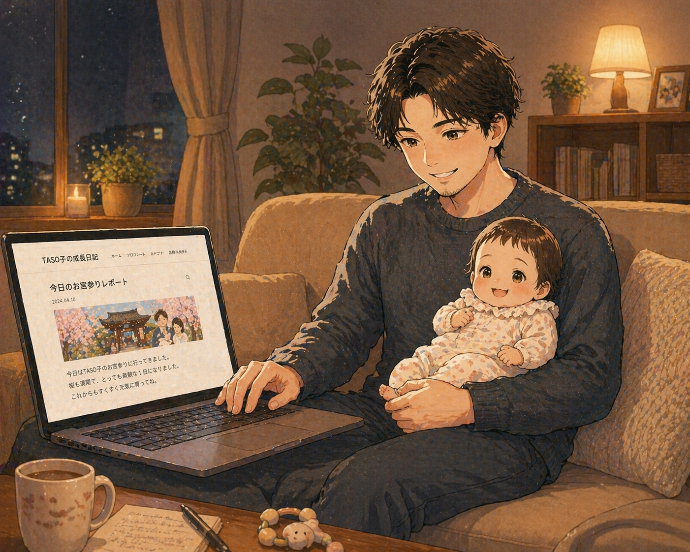 夜中に赤ちゃんを抱っこしながらブログを書くパパ