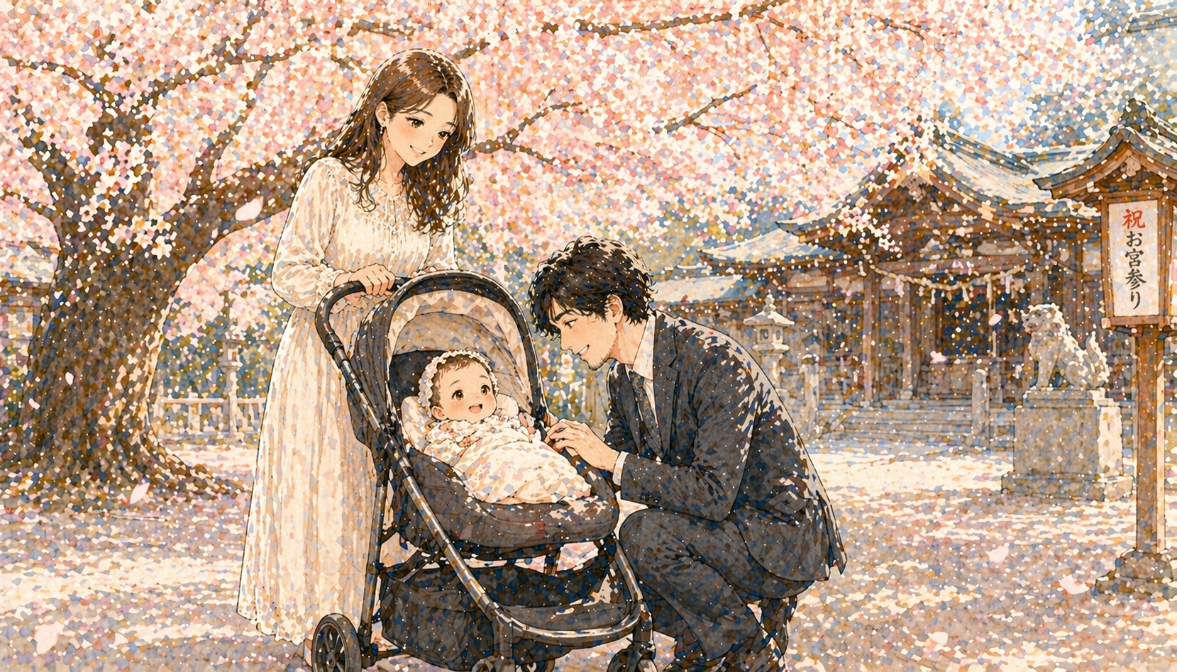 お宮参り 桜とパパとママとTASO子